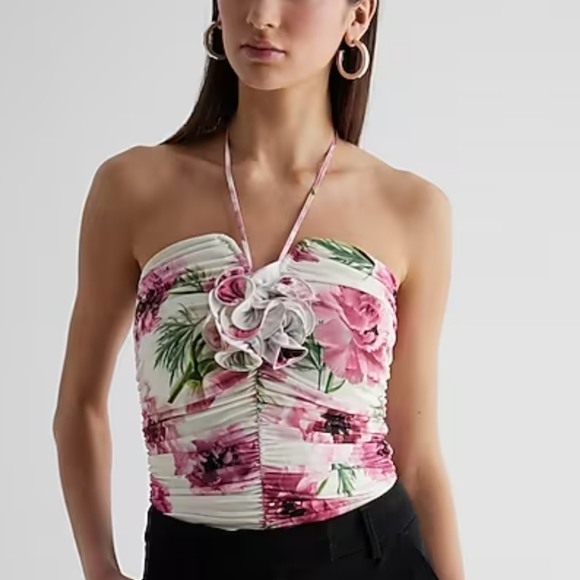 Express Tops - Express Body Contour Floral Halter Rosette Bodysuit